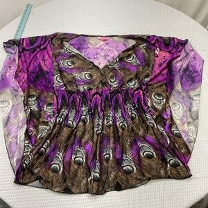 Elegant Feather Print Women's Blouse in Purple and Brown